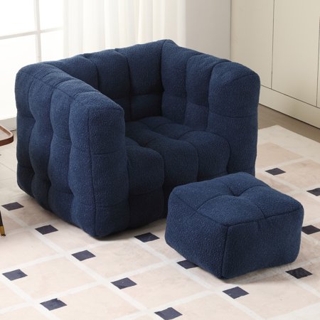 Boucle Upholstered Tufted Modern Single Sofa Chair with Ottoman-Navy Blue