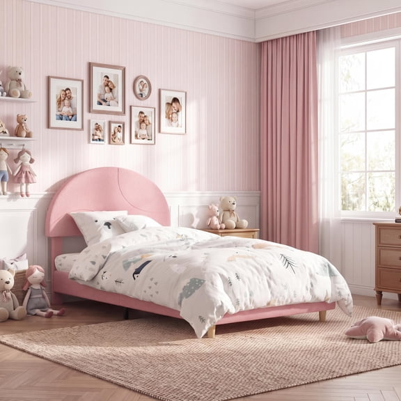 Boucle Upholstered Twin Bed, Round Headboard with Arch Design in Soft Pink, Built-in Wood Slat Support System, No Box Spring Needed, Easy Assembly