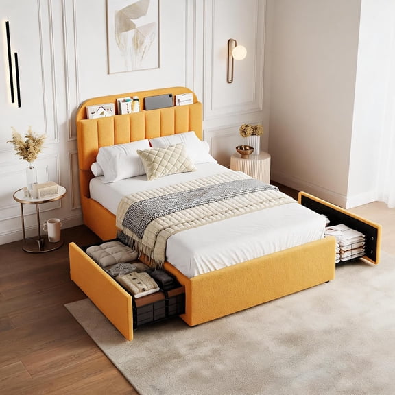 Boucle Fleece Metal Platform Bed Frame with Storage Headboard: Built, 2 Under for Bedroom,Twin,Yellow