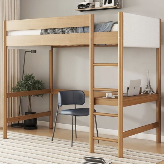 Boucle Upholstered Twin Size Loft Bed featuring Desk & Ladder, Safe with Rubber Wooden Construction