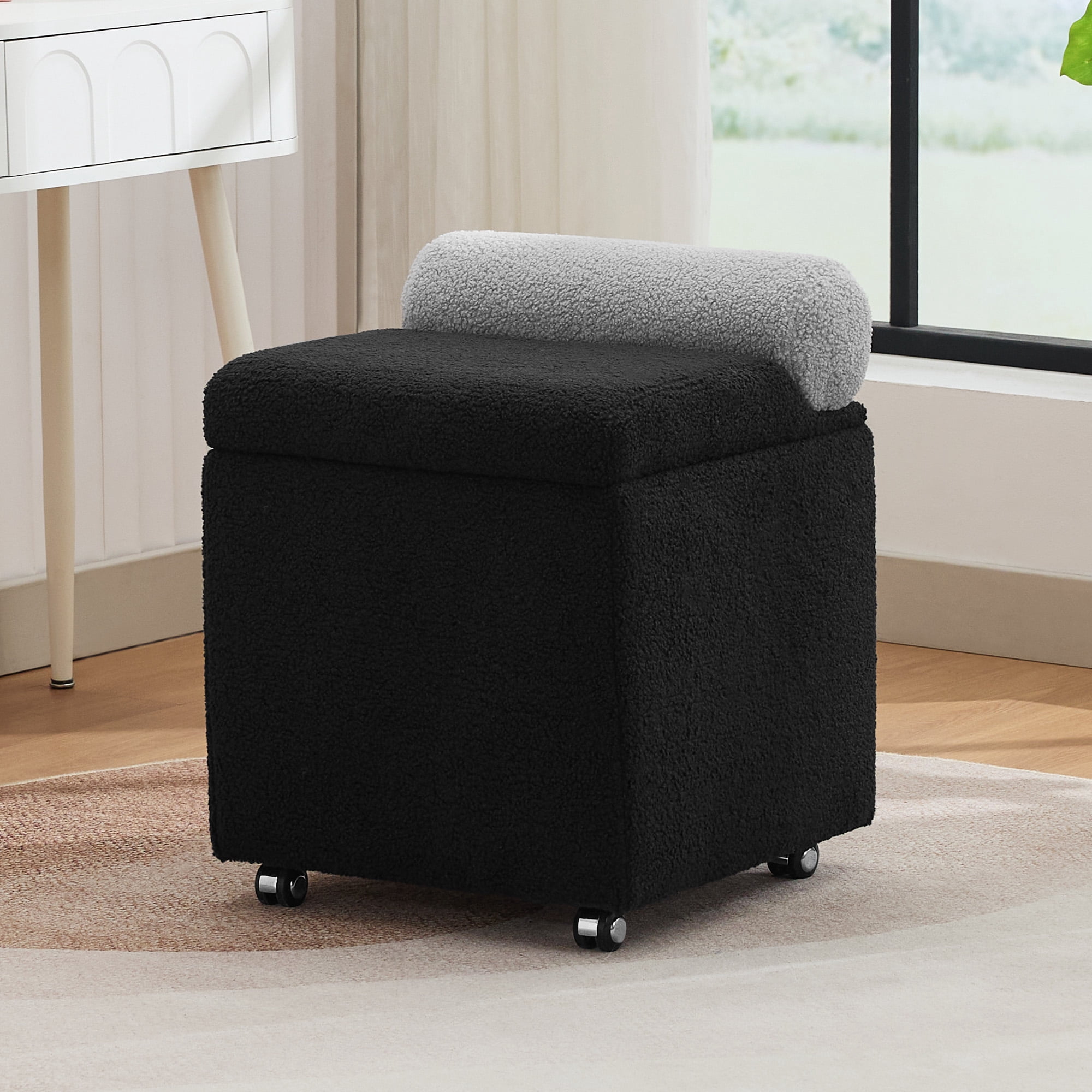 Boucle Vanity Chair with Storage, Swivel Upholstered Vanity Stool with
