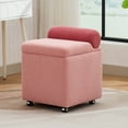 thumbnail image 1 of Boucle Vanity Chair with Storage, Swivel Upholstered Vanity Stool with Safety Hinge and Wheels, Square Ottoman for Bedroom, Dressing Room, Living Room, Pink, 1 of 8