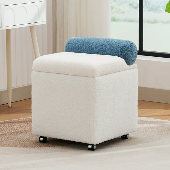 Boucle Vanity Chair with Storage, Swivel Upholstered Vanity Stool with Safety Hinge and Wheels, Square Ottoman for Bedroom, Dressing Room, Living Room, White