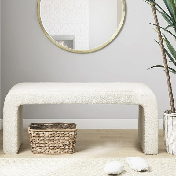 Boucle Waterfall Bench For Bedroom Use - 42"w X 18"h 16"d, 400 Lbs Weight Capacity, Cream Textured, No Assembly Modern Contemporary Textured Seat, 16"d 18"h, Required