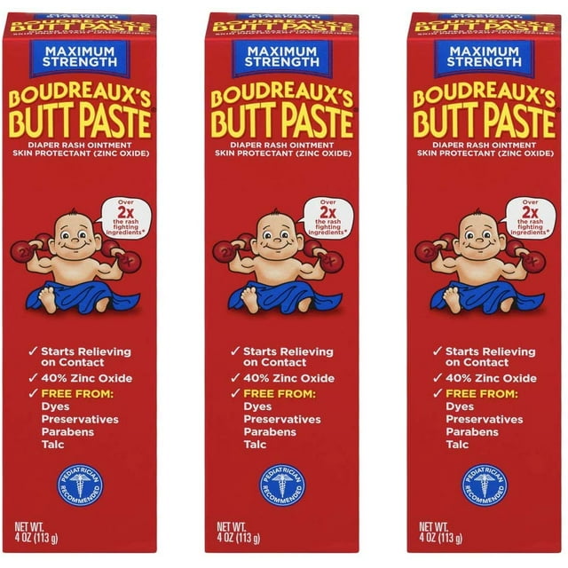 Boudreaux's Butt Paste Maximum Strength, Baby Diaper Rash Cream, Ointment, 4 oz, 3 Pack