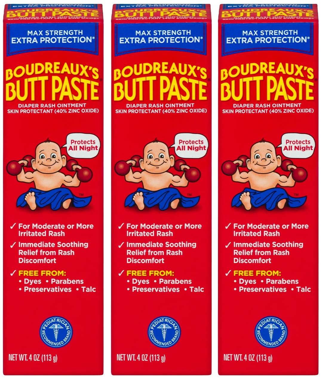 Boudreaux's Butt Paste Maximum Strength Diaper Rash Cream, Ointment for Baby, 4 oz Tube, - 3 Pack