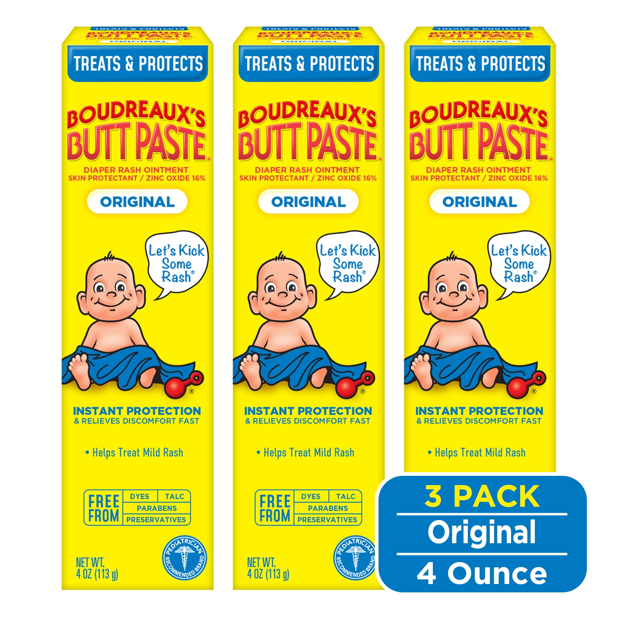 Boudreaux’s Butt Paste Original Diaper Rash Cream with Zinc Oxide, for Baby, 4 oz Tube, 3 Pack