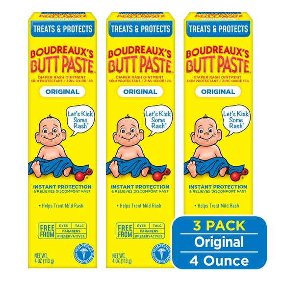 Boudreaux’s Butt Paste Original Diaper Rash Cream with Zinc Oxide, for Baby, 4 oz Tube, 3 Pack