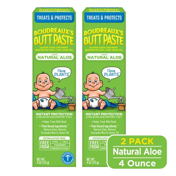 Boudreaux's Butt Paste With Natural* Aloe, Baby Diaper Rash Cream, Ointment, 4 oz, 2 Pack
