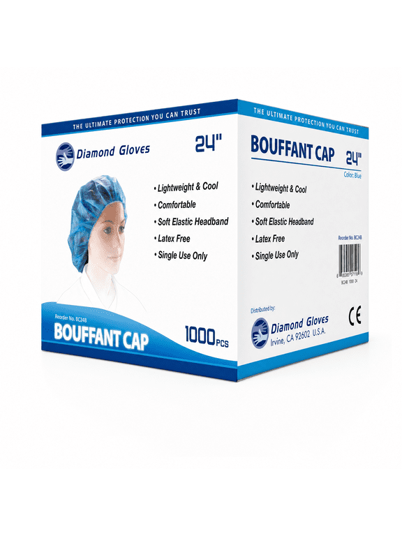 Disposable Bouffant Caps, Blue, 24 inch, 1000 Count