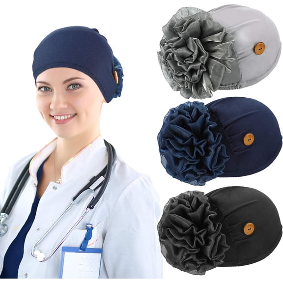Bouffant Cap with Buttons Elastic Soft Flower Stretch Head Wraps