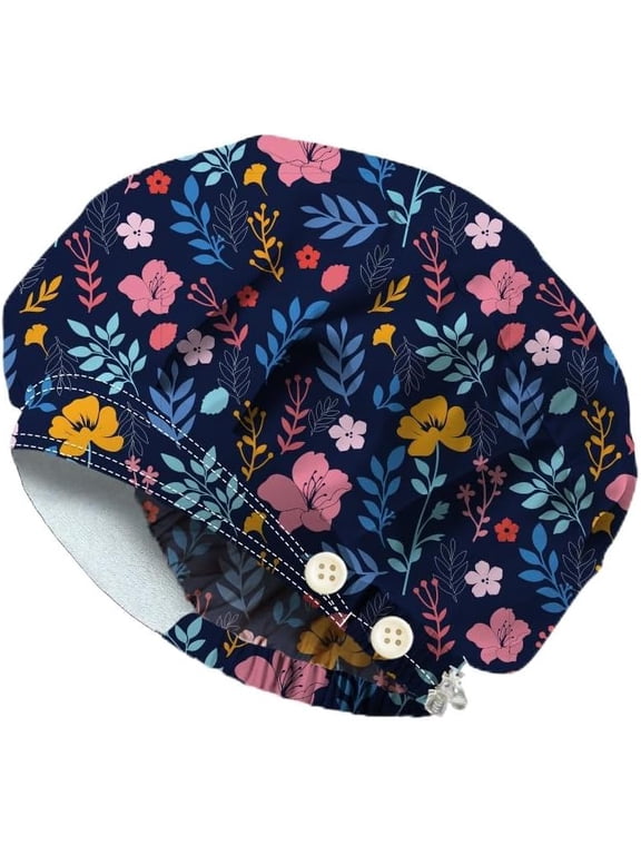 Bouffant Scrub Caps Cotton Nurse Scrub Hats With Button Sweatband Adjustable Surgical Caps for Nursing Cooking