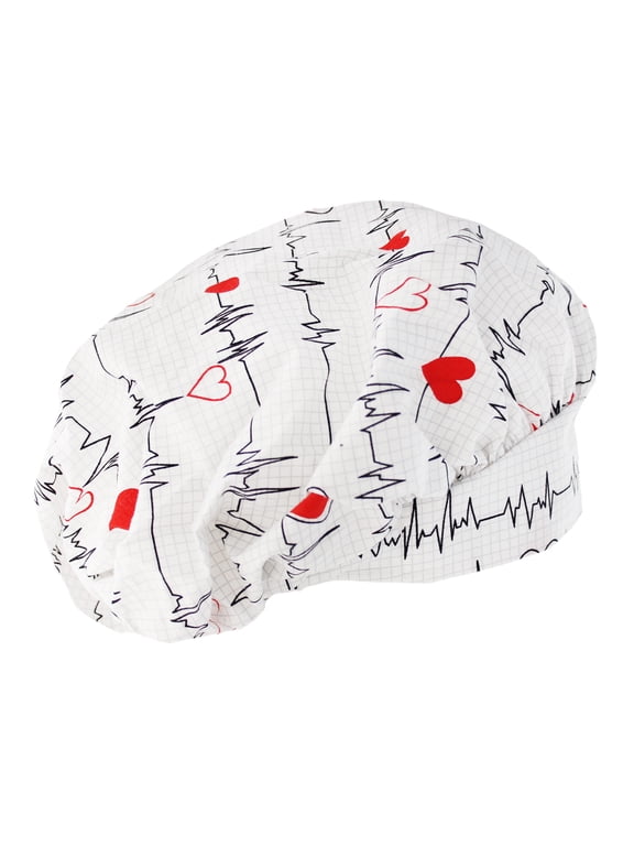 Bouffant White Heart Beat EKG Scrub Cap Hat