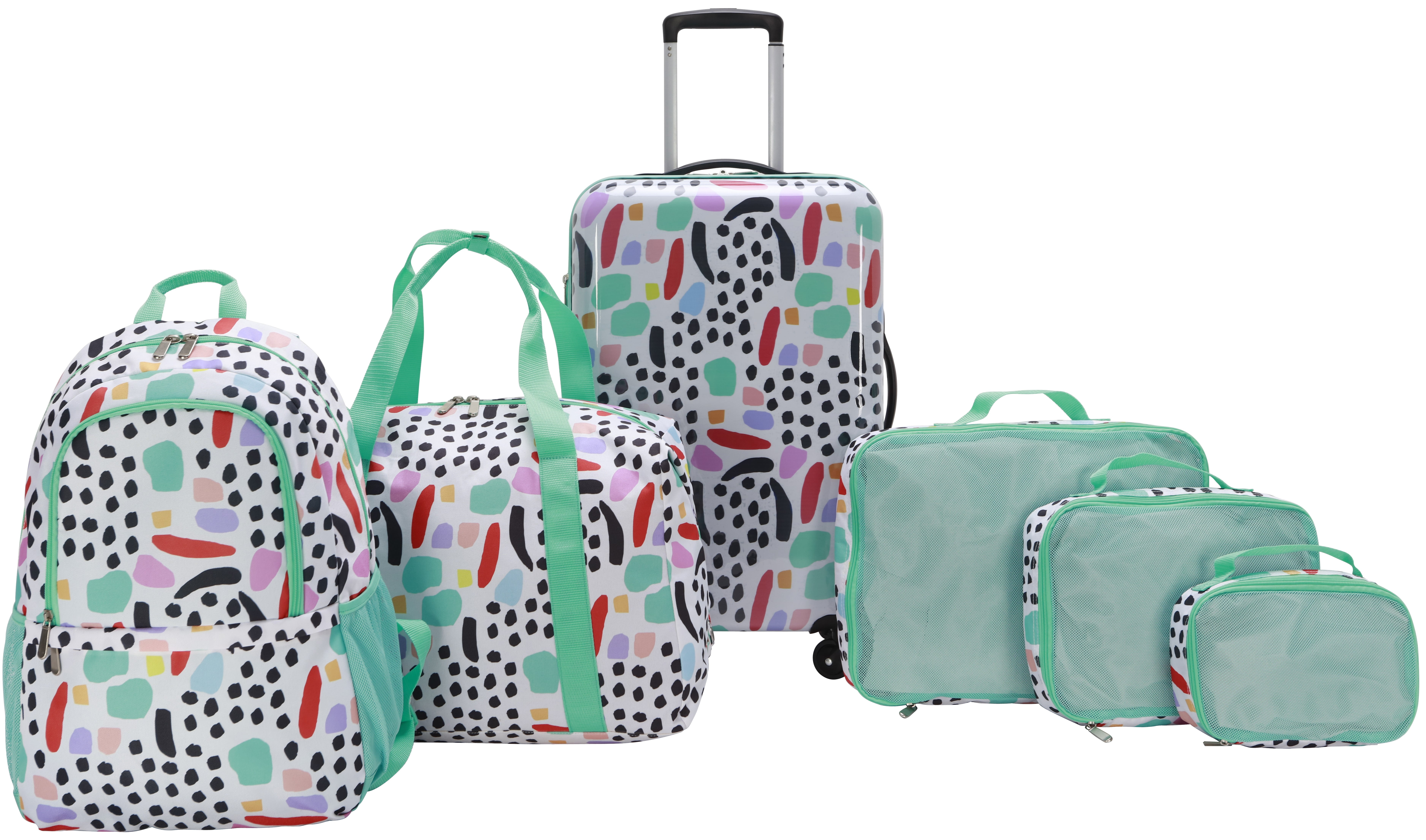 Bouffants & Broken Hearts Party Mix 6 Piece Set, 21" Hardside Luggage, Duffel, Backpack, 3 Packing Cubes, Party Mix Print