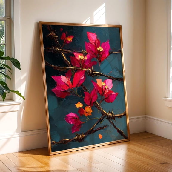 Bougainvillea Barbed Wire Mexican Resilience Floral Resistance Painting Unframed Paper Print