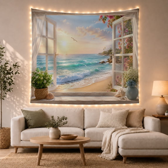 Bougainvillea Beach Through an Open Window, Serene Coastal for Flower Lovers, Seaside Garden Wall Art, Housewarming Gift, Tapestry Wall Hanging for Bedroom and Living Room