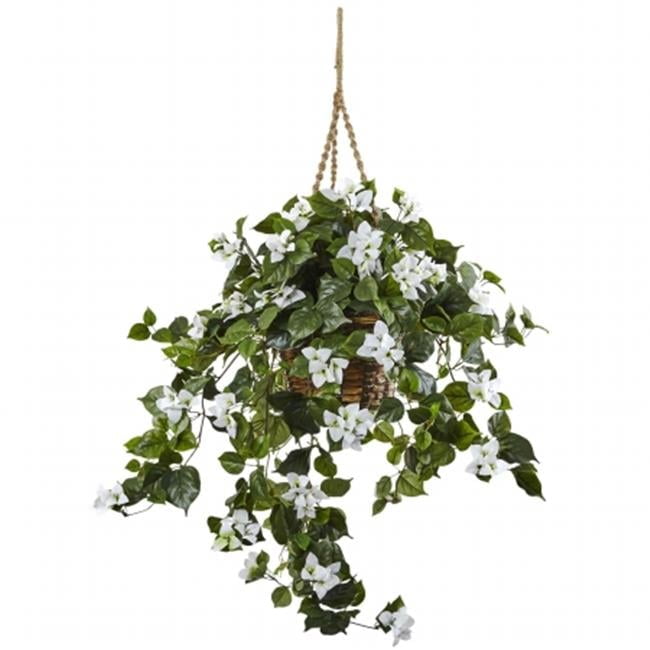 White Bougainvillea Potted Hanging Plant in Wicker Basket