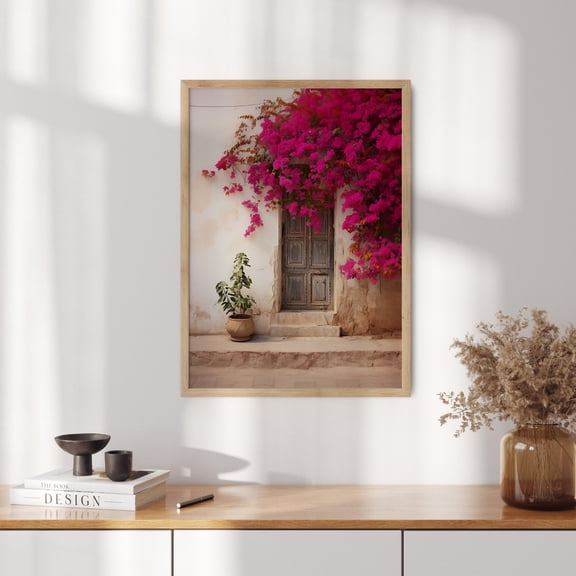Bougainvillea Indian Flower Blue Door Mediterranean Wall Decor, Unframed Paper Poster 8x10in