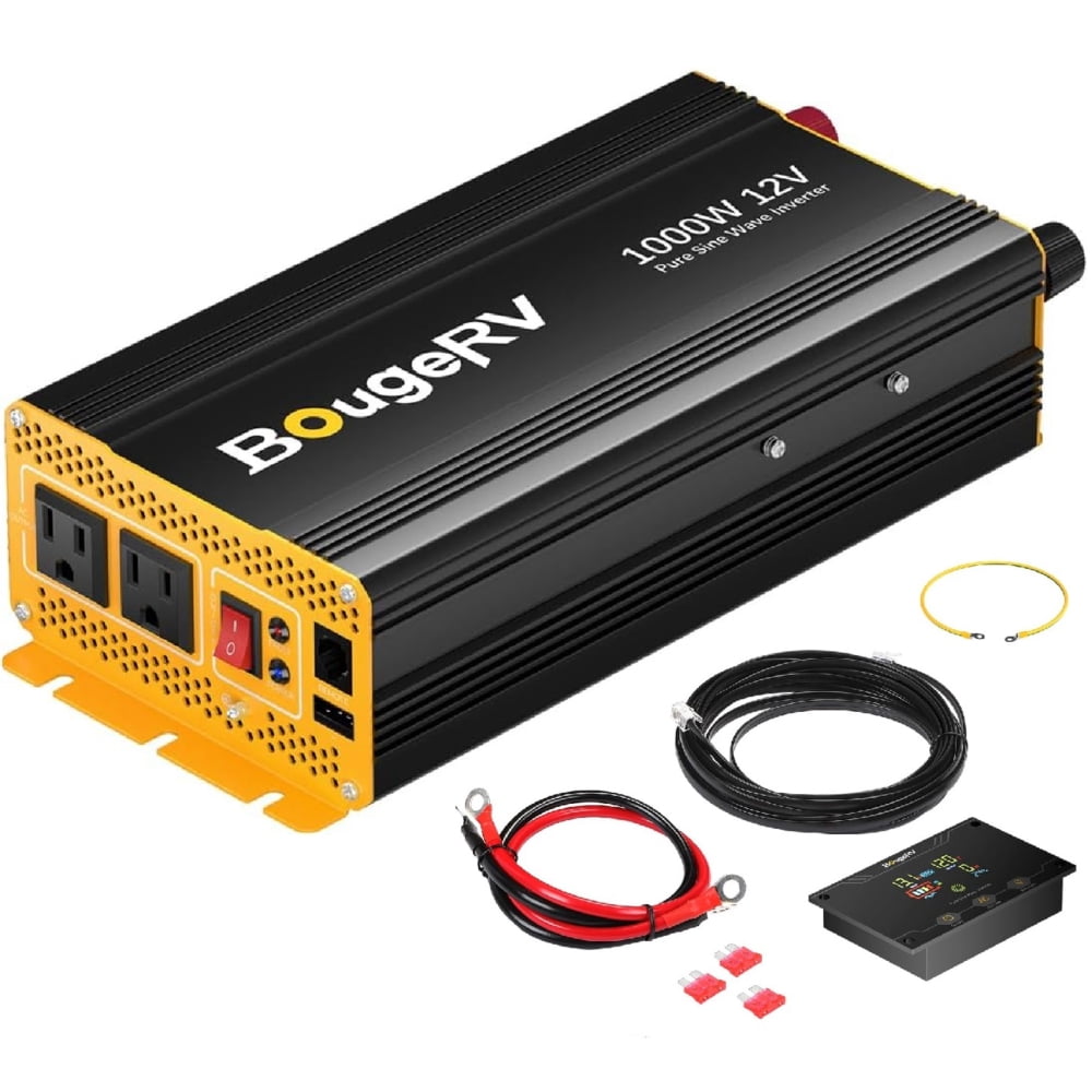 BougeRV 1000W Pure Sine Wave Power Inverter, DC 12V to AC 110V Car Converter, Built-in Bluetooth for Home, Off-Grid Solar Power System, RV, Travel, Camping