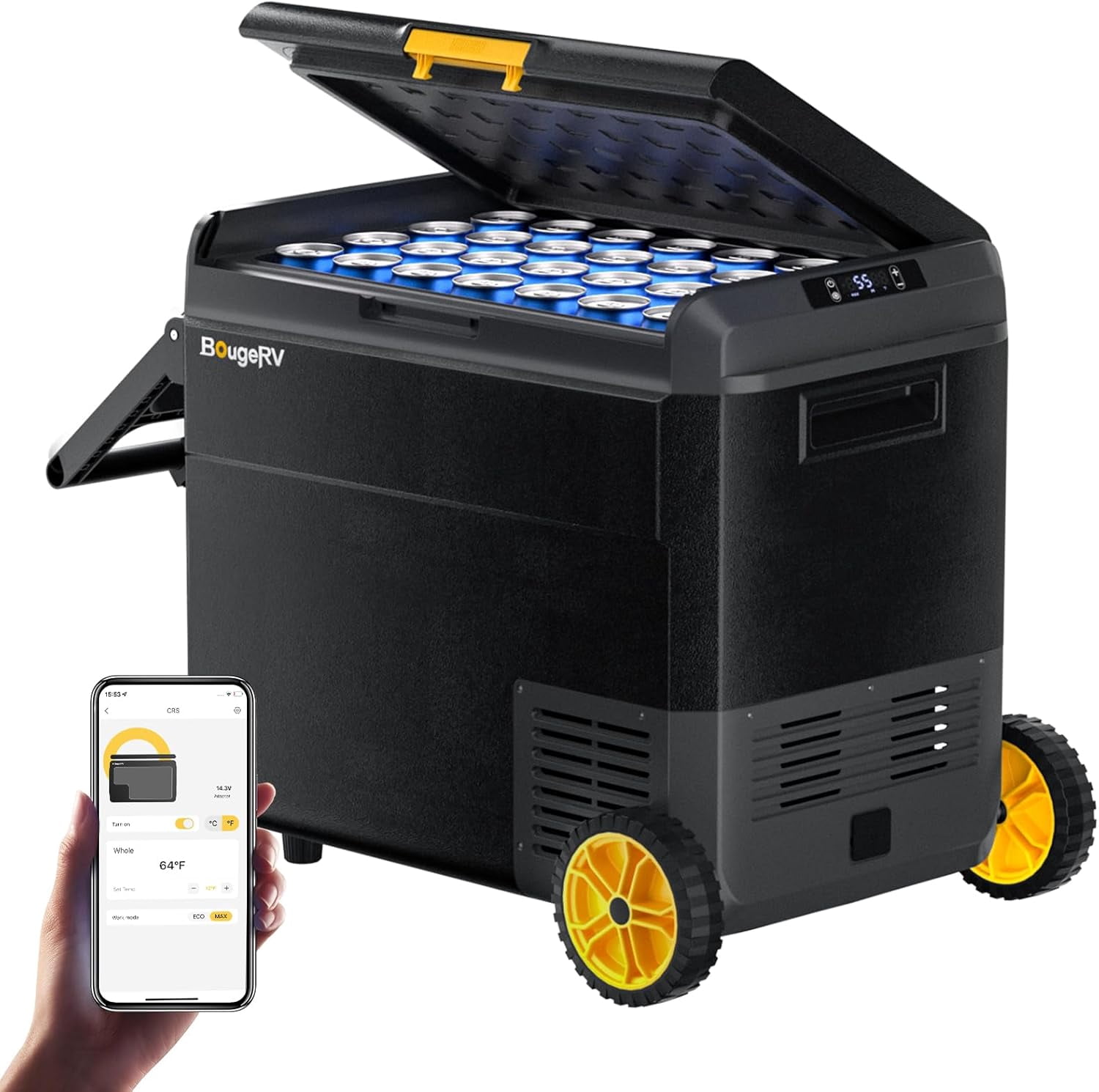 BougeRV 12 Volt Car Refrigerator with Wheels, CRS 63 Quart Portable Fridge Freezer with APP Control, -4℉ to 68℉ for Truck RV Camping