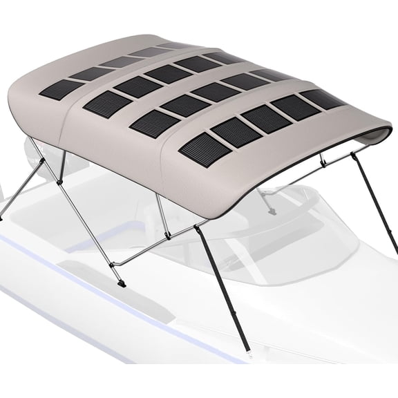 BougeRV 200W Solar Bimini Top for Boats 3-4 Bow 24V 600D Canopy 25% efficient flexible panel with waterproof canopy and rear support poles