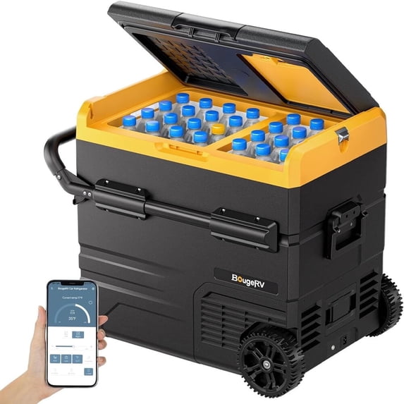 BougeRV Car Refrigerator 59QT Dual Zone, 12 Volt Portable Freezer with Wheels APP Control, 12V/24V DC 110~240V AC Fridge with -4℉-68℉ Cooling Range for RV Truck Travel Camping Outdoor Use
