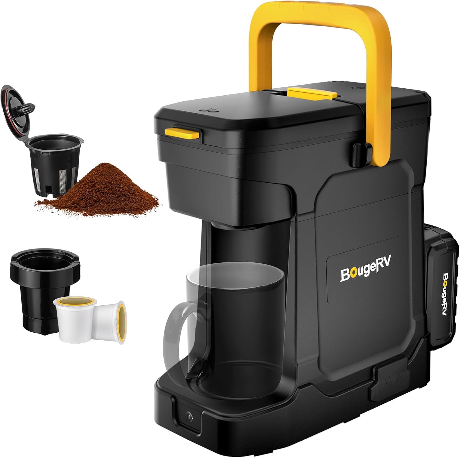 BougeRV Coffee Machine w/ 18V 8Ah Battery Powered Compatible with K Cup Coffee Pods & Ground Cordless Coffee Maker for Travel Camping Outdoor Worker Home