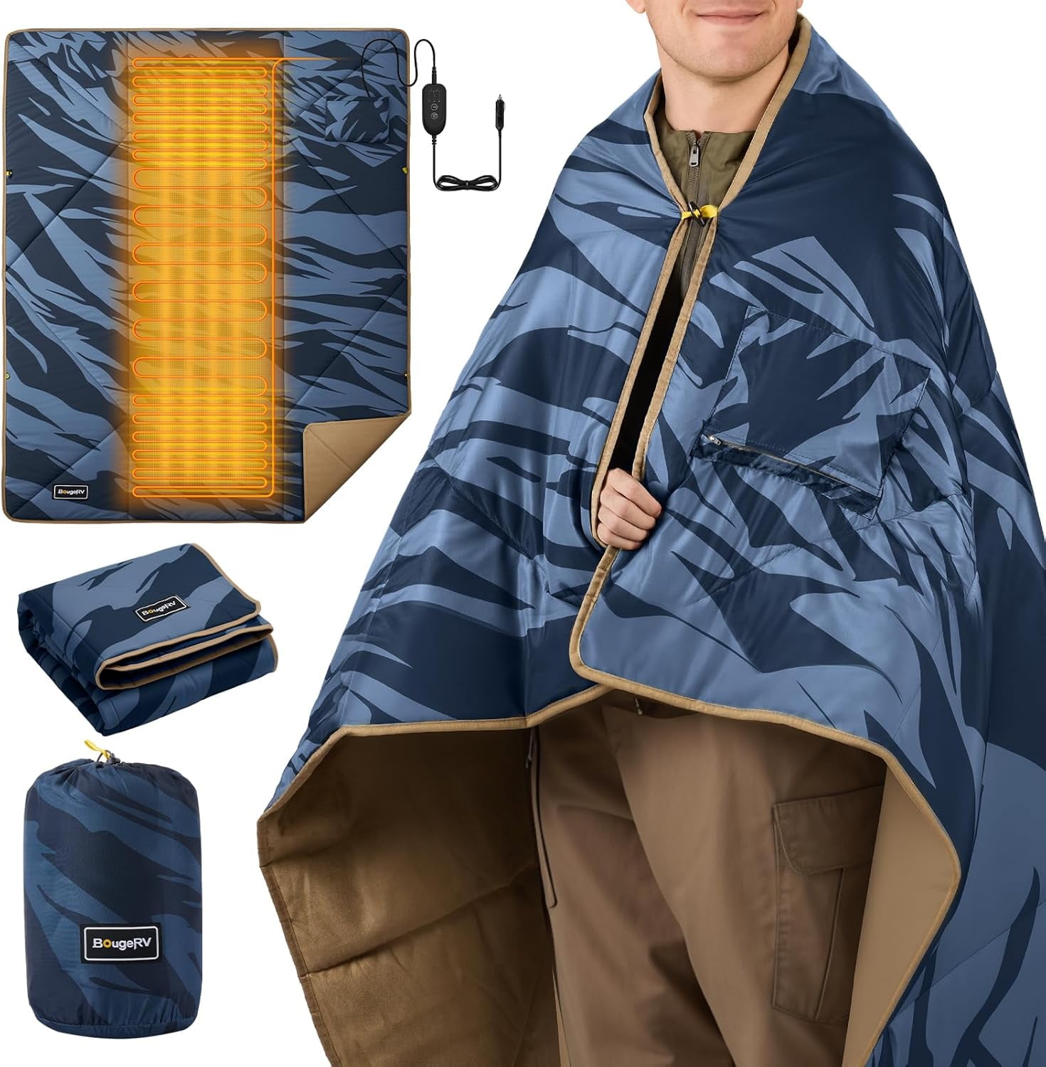 BougeRV Heated Car Blanket Electric w/ 5-Level Setting App Control for Winter Camping Overlanding Tent RV Ice Fishing Blue