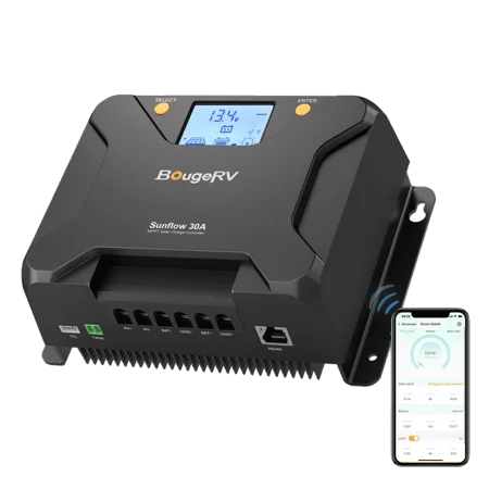 BougeRV Sunflow 30A MPPT Solar Charge Controller 12V/24V DC Input with APP Control, Low-Temp Cut-Off, Backlit LCD, Solar Panel Regulator for LiFePO4, SLD, Gel, FLD, AGM Battery