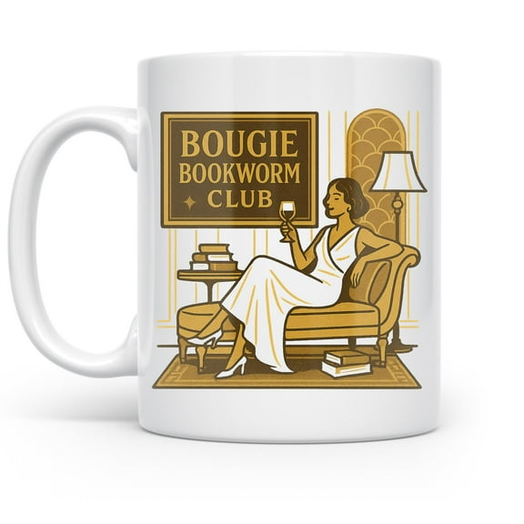 Bougie Bookworm Club 11 oz Coffee Mug - Elegant Cat Design White Ceramic Gift