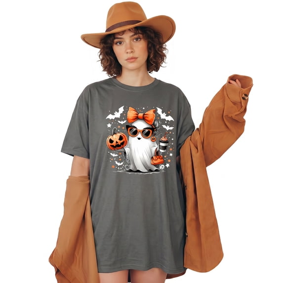 Bougie Halloween Ghost T-Shirt, Cute Ghost with Sunglasses Bow Pumpkin Coffee Tee, Spooky Season Fashion Shirt for Women, Halloween Gift