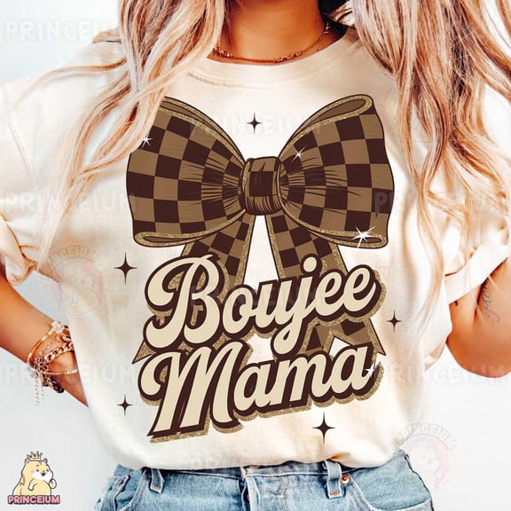 Boujee Mama Shirt, Brown Checkered Bow, Classy Glitter Mom Life, Retro Luxe Style Art Printable Shirt Unisex S-5XL Hot Trending Shirt, Vintage Birthday Gift