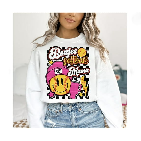 Boujee Softball Mama Sweatshirt, Trendy Retro Sports Shirt with Glitter Softball and Pocket Graphic , Fun Game Day Look for Moms