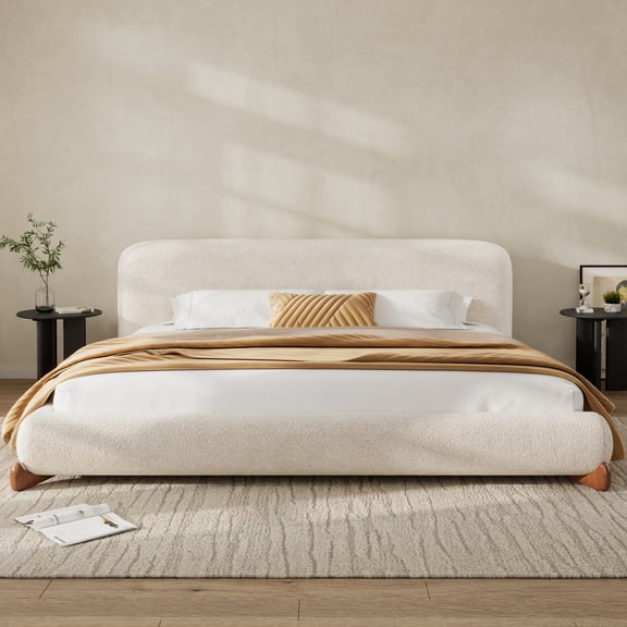 Boulce Platform Bed California King Size with Thick Headboard, Grounded Upholstered Bed Frame with Short Legs and Wood Slats, No Box Spring Needed, White
