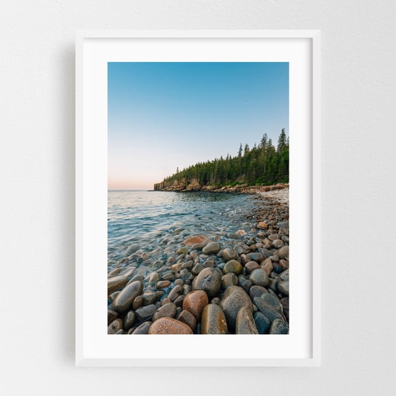 Boulder Beach - Maine Photography Coastal Beach Nature Landscape Ocean Forest Scenic White Framed Wall Art Print 5 x 7 inches