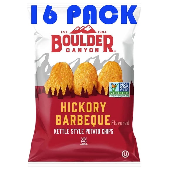 Boulder Canyon Hickory Barbeque Kettle Style Potato Chips | 1.5 Ounce Individual Bags | 16 Pack | Gluten Free | Bundled by SUPERDEALS with Mystery Bonus Gift