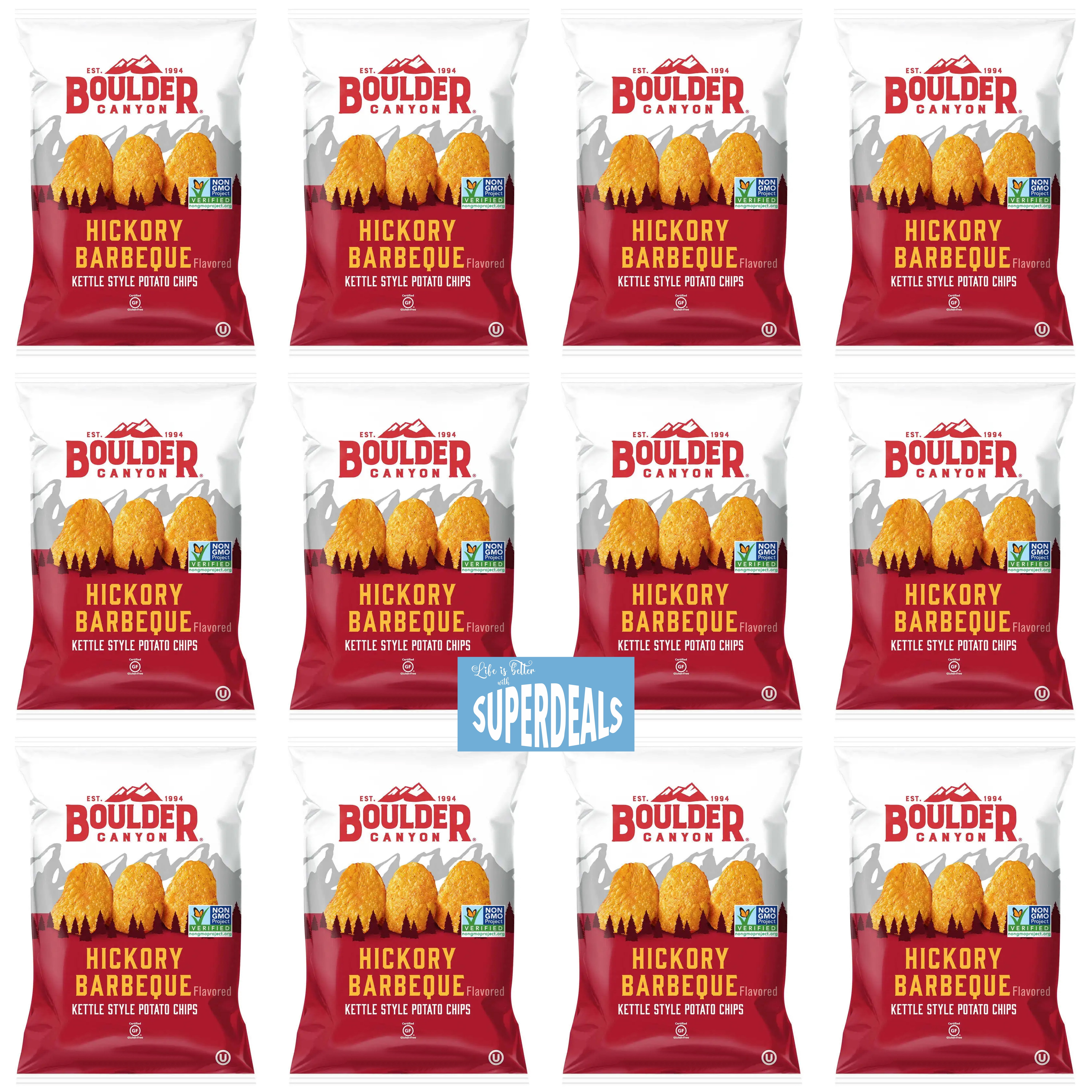 Boulder Canyon |Hickory Barbeque | Kettle Style Potato Chips| 1.5 Ounce | Pack of 12 Bundled by SUPERDEALS with Mystery Bonus Gift