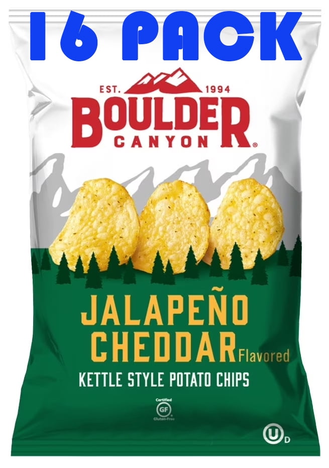 Boulder Canyon Jalapeño Cheddar Kettle Style Potato Chips | 1.5 Ounce Individual Bags | 16 Pack | Gluten Free | Bundled by SUPERDEALS with Mystery Bonus Gift