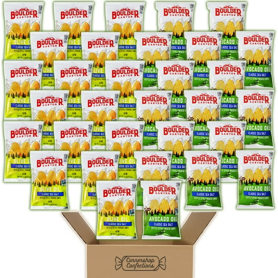 Boulder Canyon Kettle Chips 2 Flavor Bulk Variety Pack - 16 Individually Sealed Single Serve Bags of Each - Olive Oil and Avocado Oil - Lunches, Movies, Road Trips - In Cornershop Confections Pack