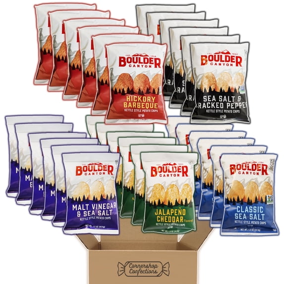 Boulder Canyon Kettle Chips 5 Flavor Bulk Variety Pack - 6 Individually Sealed Portion Packs Each - Malt Vinegar and Sea Salt, Hickory BBQ, Jalapeno Cheddar, Sea Salt, Sea Salt & Cracked Pepper