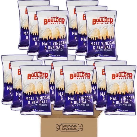 Boulder Canyon Kettle Chips Malt Vinegar & Sea Salt Bulk Pack - 15 Individually Sealed 1.5 Ounce Single Serve Bags of Malt Vinegar & Sea Salt Flavored Kettle Chips - In Cornershop Confections Pack