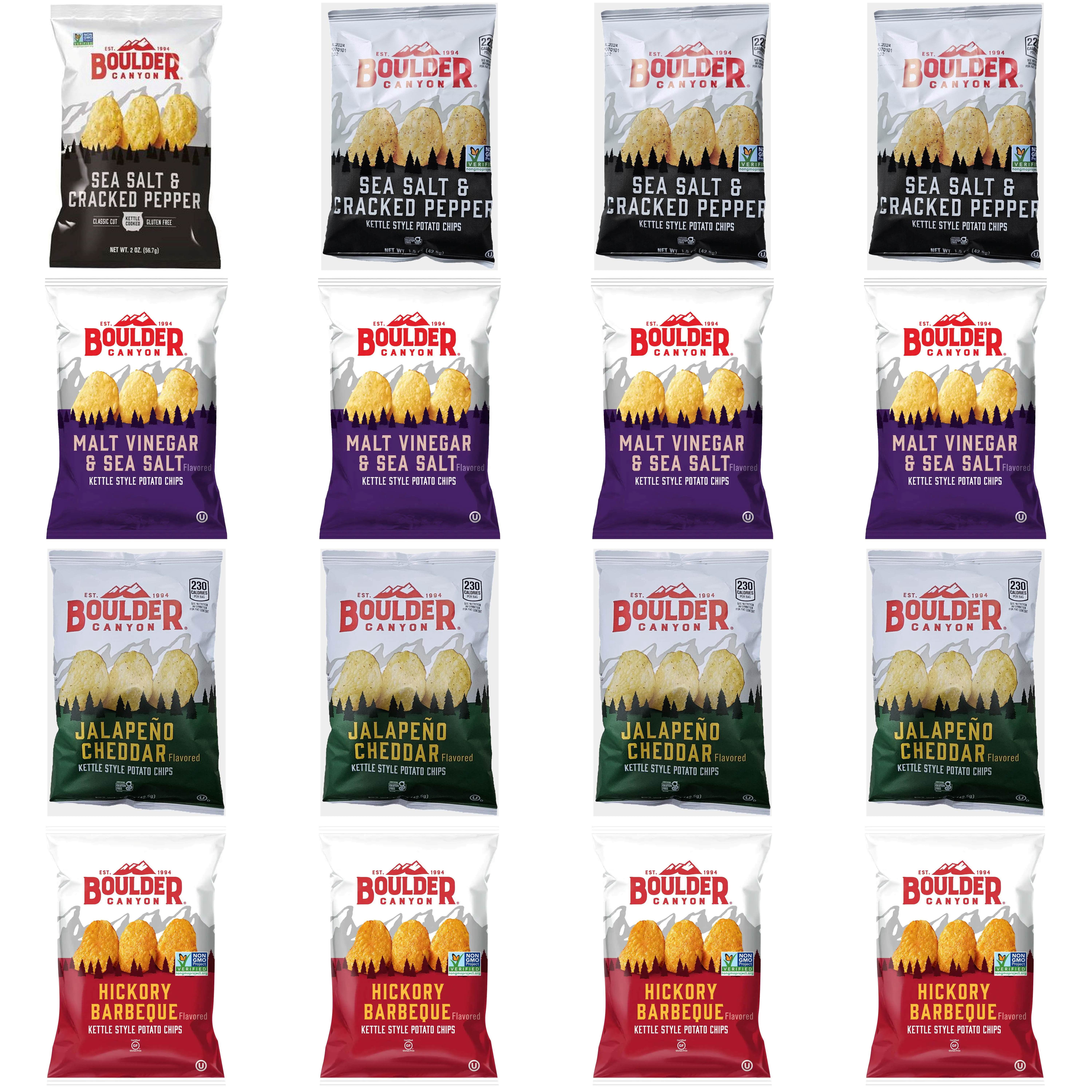 Boulder Canyon Kettle Style Potato Chips Variety Pack – 16 Pack (1.5 oz Bags) Sea Salt & Cracked Pepper, Malt Vinegar & Sea Salt, Hickory Barbecue, Jalapeño Cheddar – Gluten Free Snack Pack