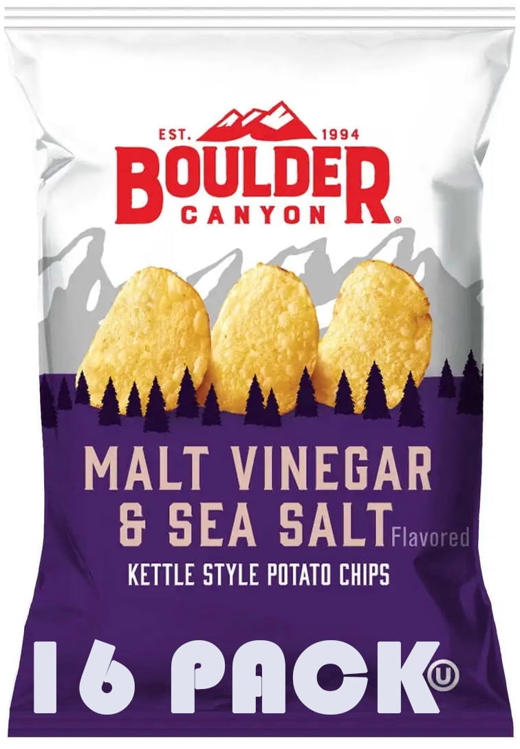 Boulder Canyon Malt Vinegar & Sea Salt Kettle Style Potato Chips | 1.5 Ounce Individual Bags | 16 Pack | Gluten Free | Bundled by SUPERDEALS with Mystery Bonus Gift