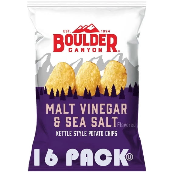 Boulder Canyon Malt Vinegar & Sea Salt Kettle Style Potato Chips | 1.5 Ounce Individual Bags | 16 Pack | Gluten Free | Bundled by SUPERDEALS with Mystery Bonus Gift