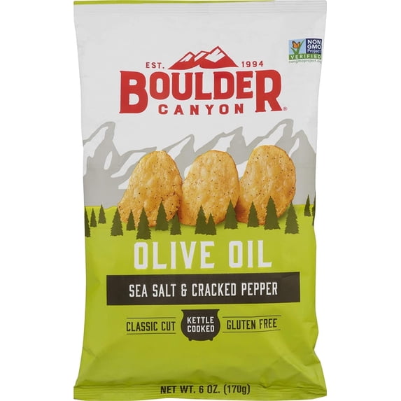 Boulder Canyon Olive Oil Classic Cut Kettle Cooked Potato Chips Sea Salt and Cracked Pepper 6 oz Pack of 2