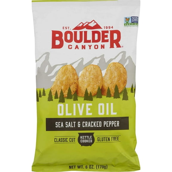 Boulder Canyon Olive Oil Classic Cut Kettle Cooked Potato Chips Sea Salt and Cracked Pepper 6 oz Pack of 2