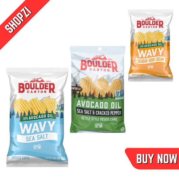 Boulder Canyon Potato Chips Variety Pack, 12 Count (5.5 oz Bags, Cheddar Sour Cream Wavy, Sea Salt & Cracked Pepper Canyon Cut Avocado Oil, Sea Salt Wavy), Kettle Style Chips