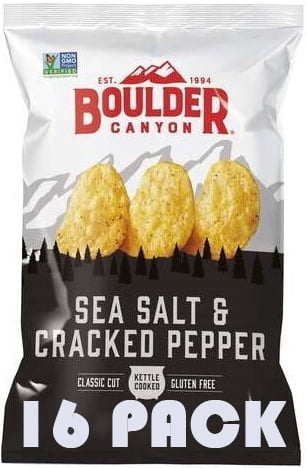 Boulder Canyon | Sea Salt & Cracked Pepper | Kettle Style Potato Chips | 1.5 Ounce Individual Bags | Pack of 16 | Bundled by SUPERDEALS with Mystery Bonus Gift