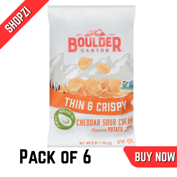 Boulder Canyon Thin & Crispy Potato Chips, Cheddar Sour Cream Flavor, GlutenFree Snack, 6 oz Bag, 6 Pack