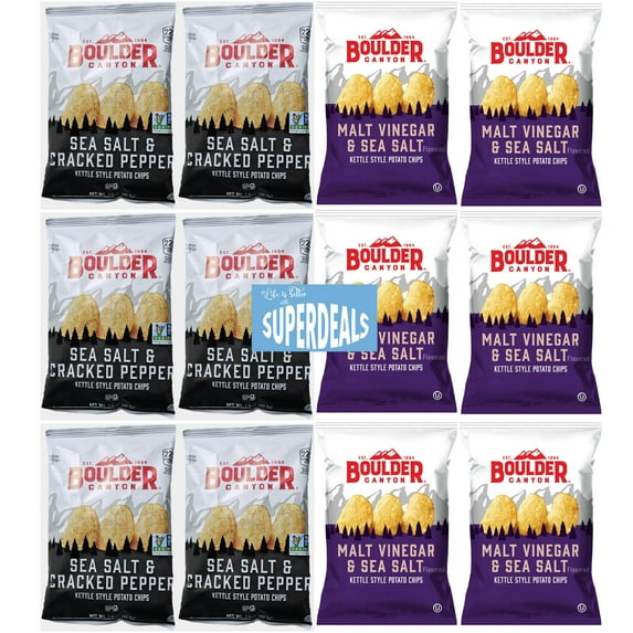 Boulder Canyon |Variety 12 Pack | 6 Sea Salt & Cracked Pepper, 6 Malt Vinegar & Sea Salt | Kettle Style Potato Chips| 1.5 Ounce | Pack of 12 Bundled by SUPERDEALS with Mystery Gift